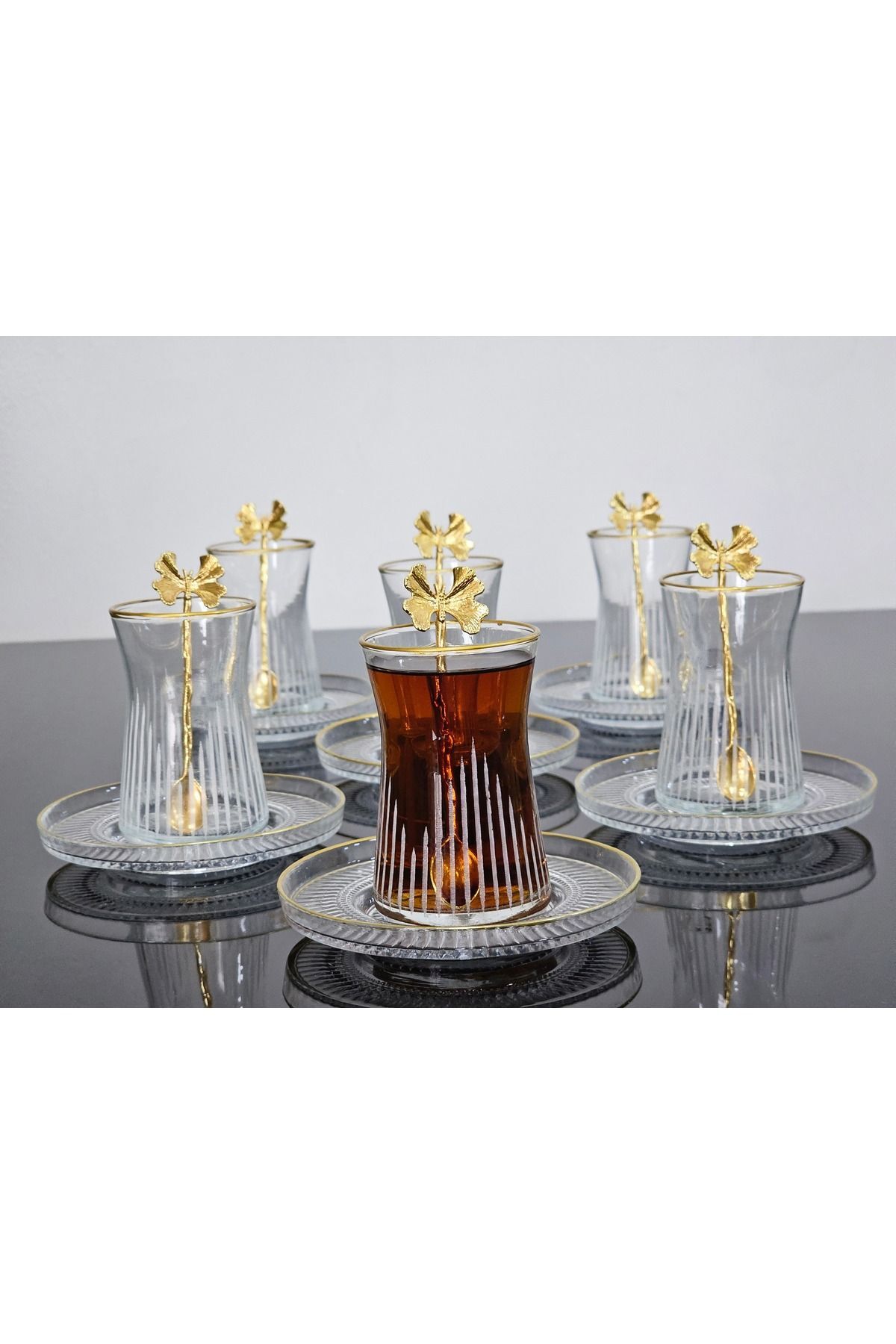 Drem Glass Çay Seti 18 Parça Gold Yaldızlı Kelebek Çay Kaşıklı Elysia Tabak Goldkelebek