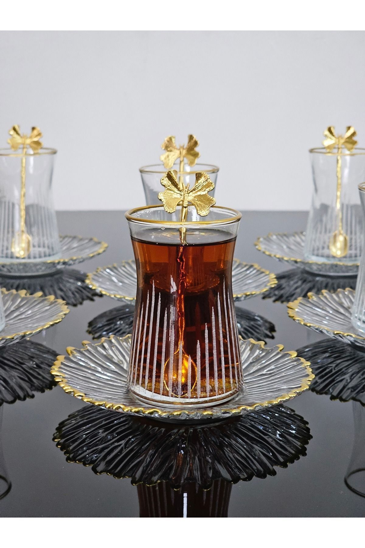 Drem Glass Çay Seti 18 Parça Gold Yaldızlı Kelebek Çay Kaşıklı Elysia Tabak Kelebek