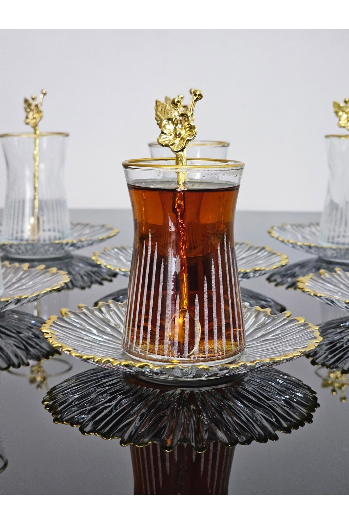 Drem Glass Çay Seti 18 Parça Gold Yaldızlı Kelebek Çay Kaşıklı Elysia Tabak Goldjapongülü