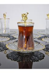 Drem Glass Çay Seti 18 Parça Gold Yaldızlı Kelebek Çay Kaşıklı Elysia Tabak Goldjapongülü