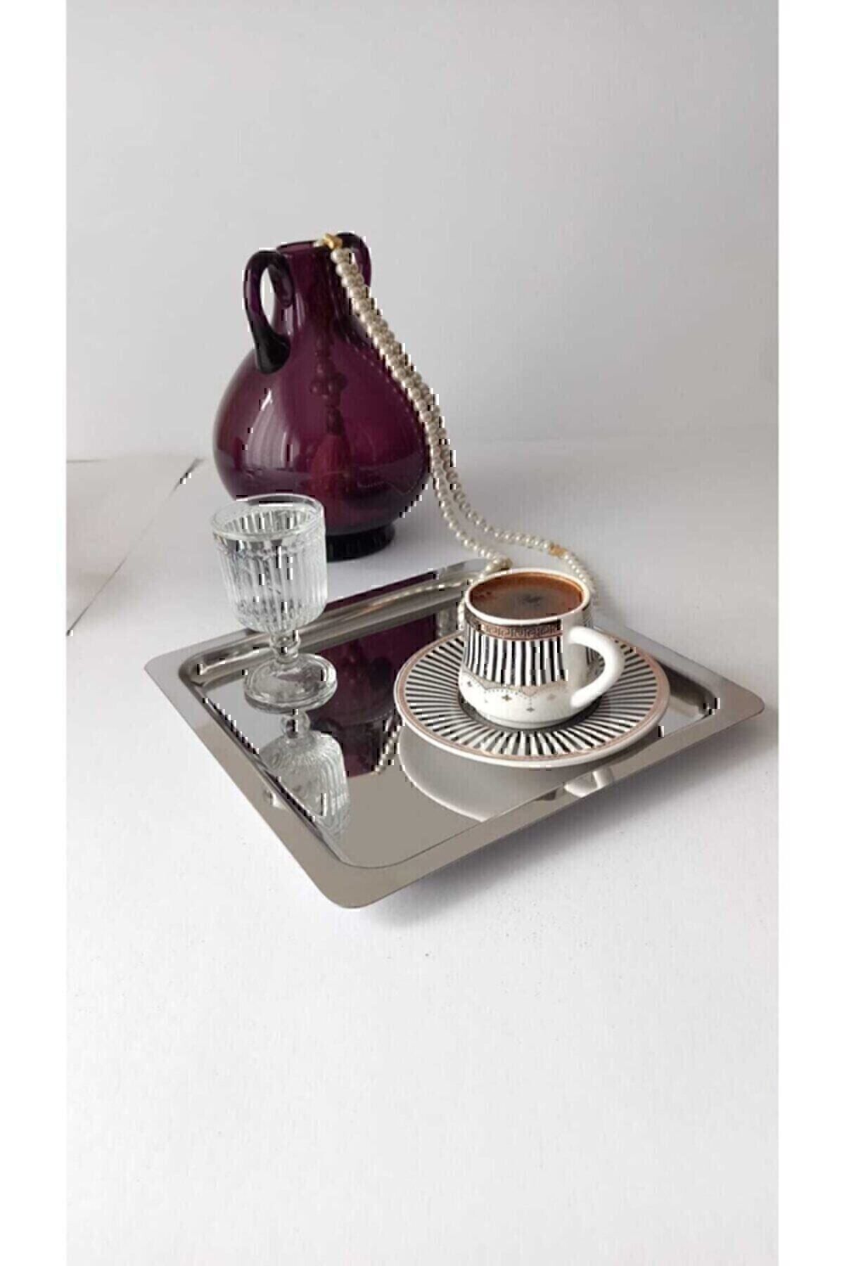 6'lı Lüx Kare Paslanmaz Çelik Gümüş Renk 24x24cm Kahve Servis Sunum Hem Gümüş