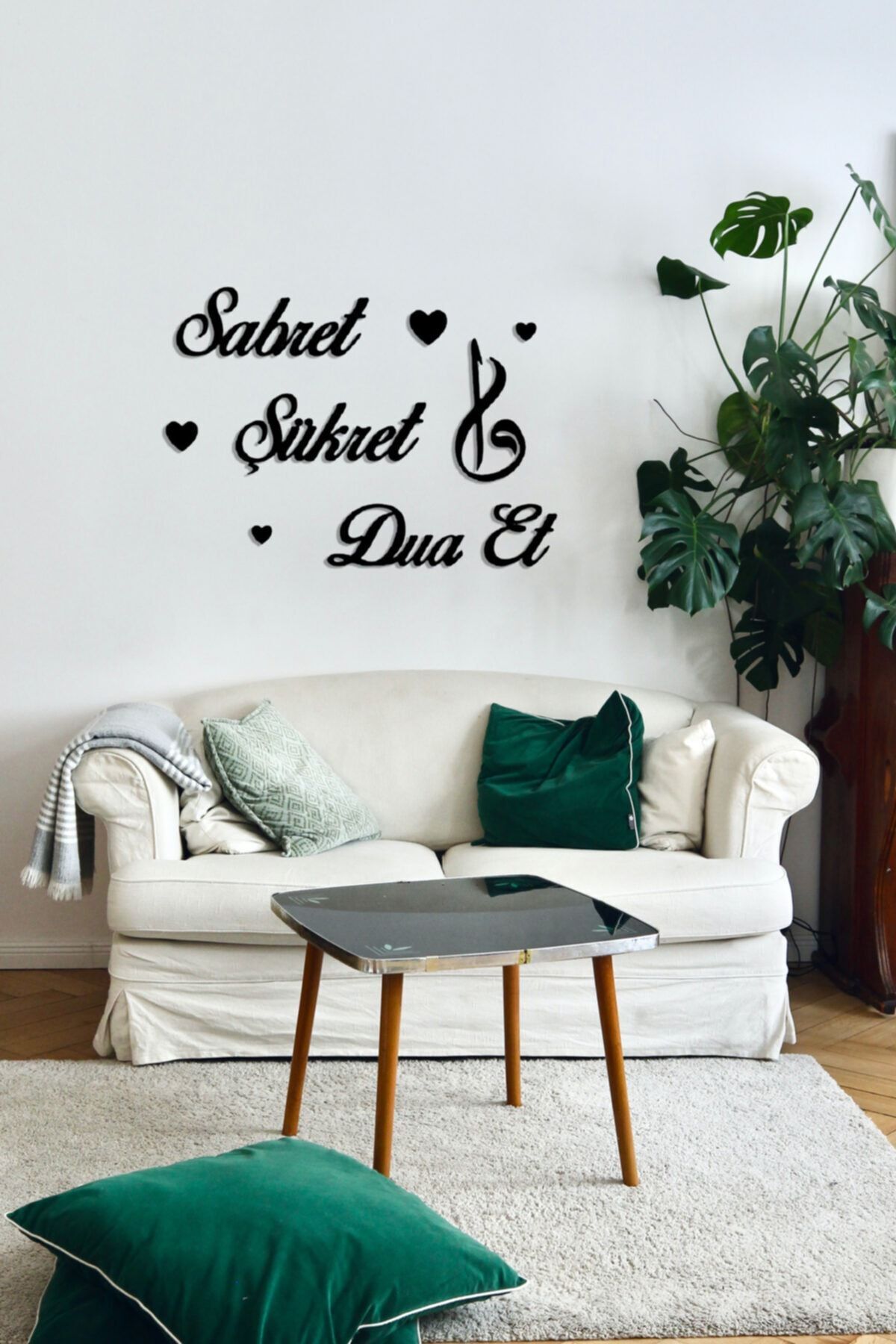 Sabret Şükret Dua Et Duvar Yazısı Ahşap Dekoratif Lazer Kesim 60x45 Cm