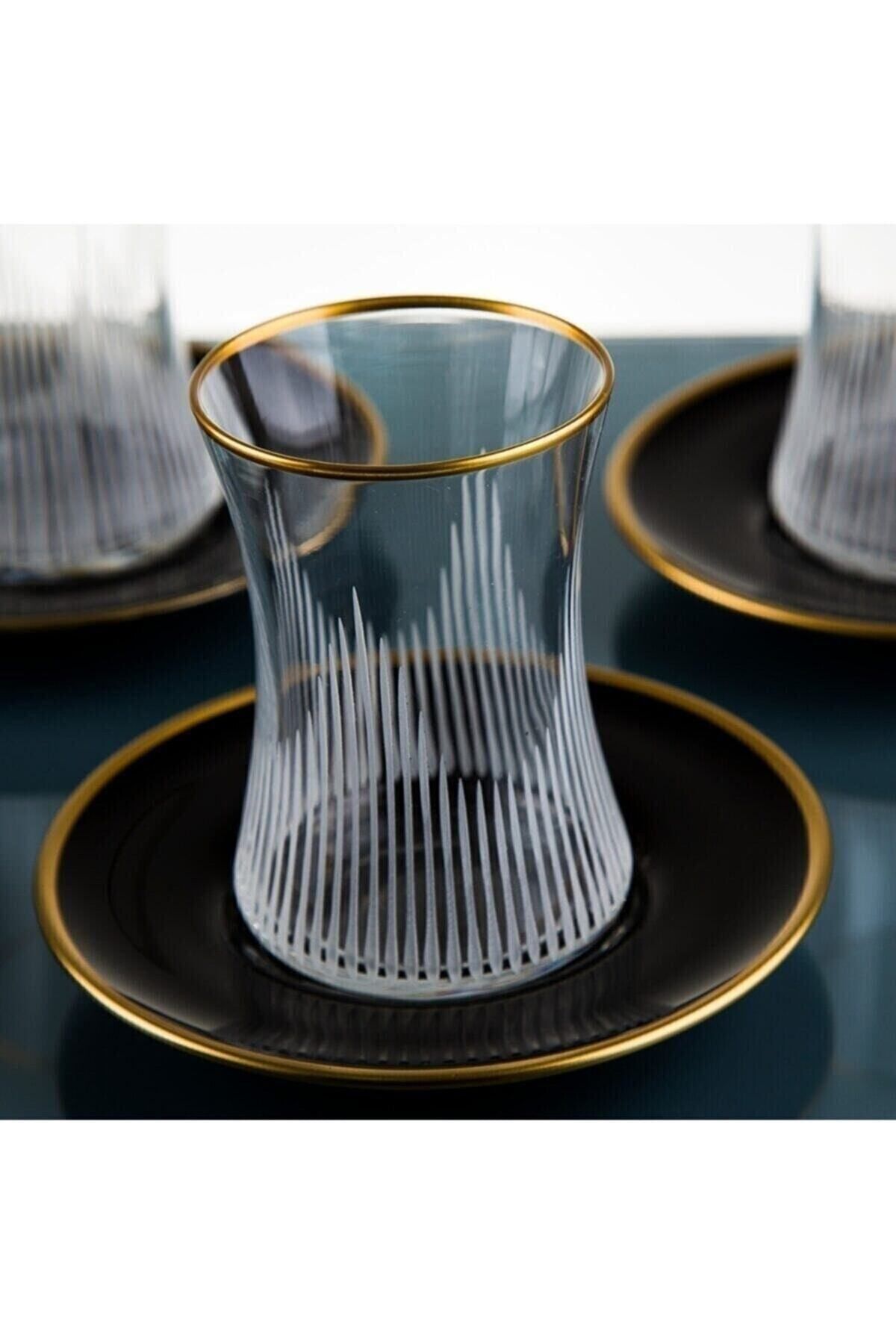 Dremglass6 Kişilk 12 Parca Cay Takımi Siyah Pramıt Soft Gold Beyaz