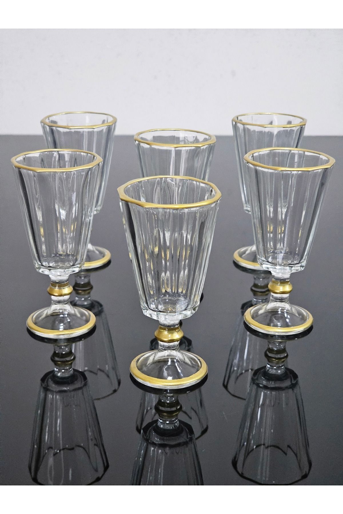 Drem Glass 6'lı Kahve Yanı Flüt Su Bardağı Seti Renkli Gold Yaldızlı Gold
