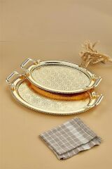 3169 Oval Gold Kahve Çay Sunumluk Tepsi Takımı - Paslanmaz Çelik 2 li Dekoratif Tepsi Seti