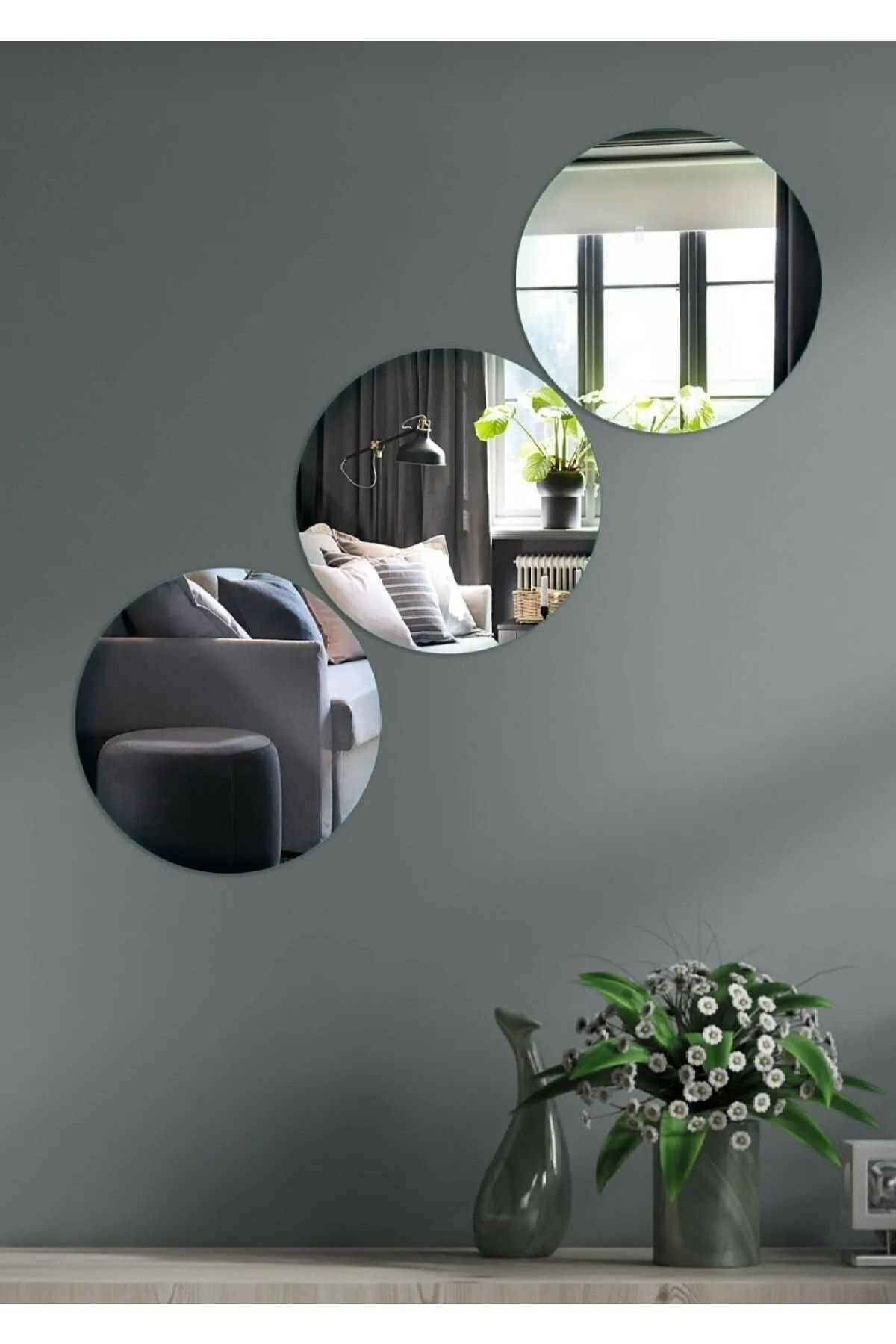 Dekoratif Yuvarlak Gümüş Ayna Pleksi Duvar Süsü 2 Adet 30x30