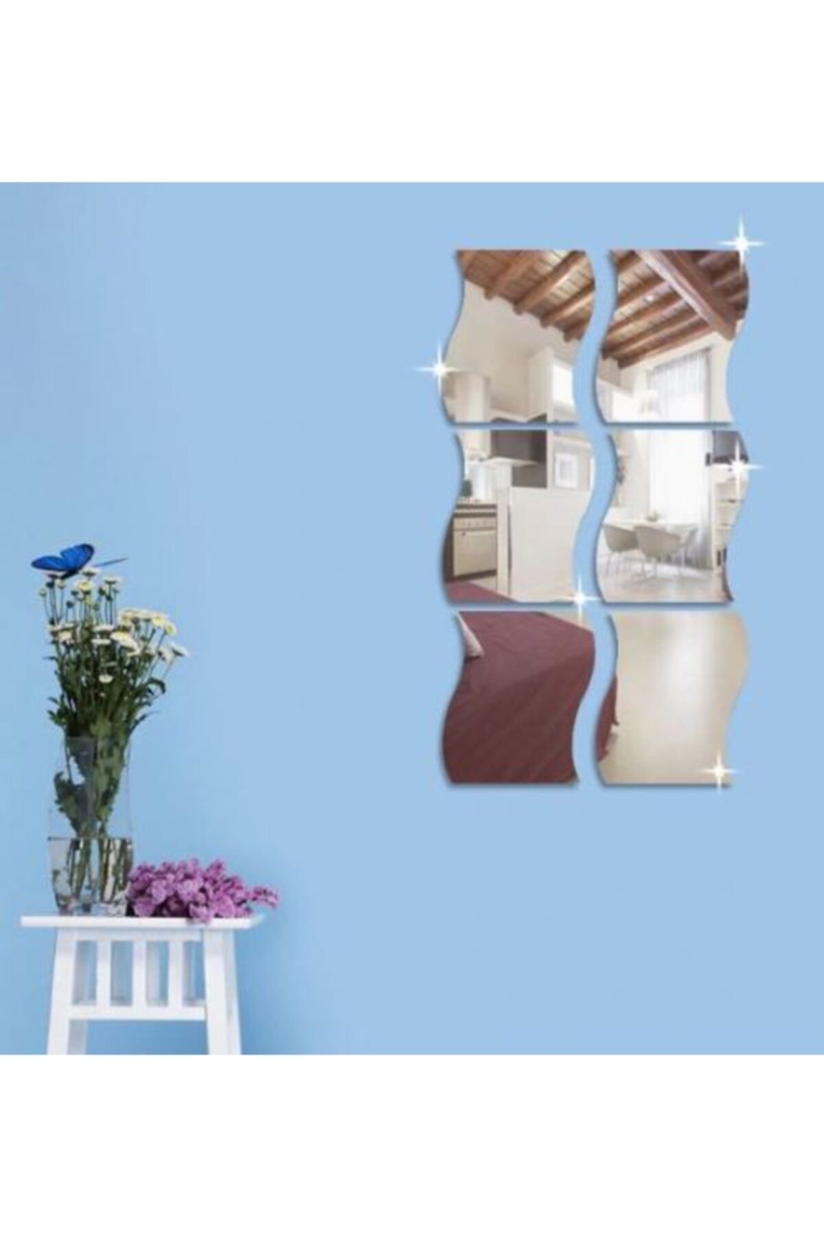 6x Adet Dekoratif Gümüş Dalga Süs Ayna 12x10cm Antre Mobilya Duvar Arkası Yapışkan Bantlı Akrilik