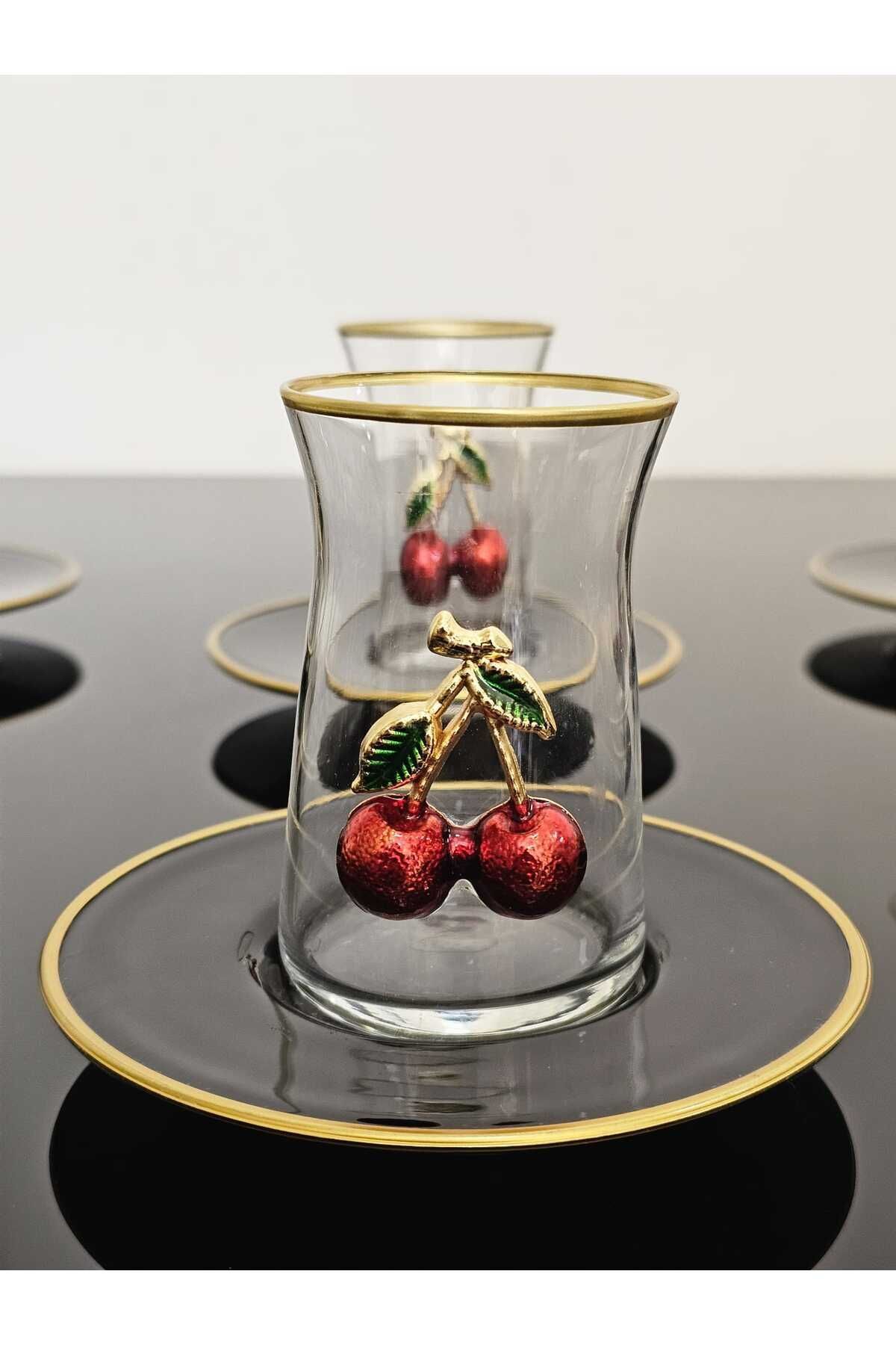 Dream Glass 12 Parça Kirazlı Çay Seti Kiraz Çay Kaşıklı Vera Çay Bardak Lüx Set Kaşıksız