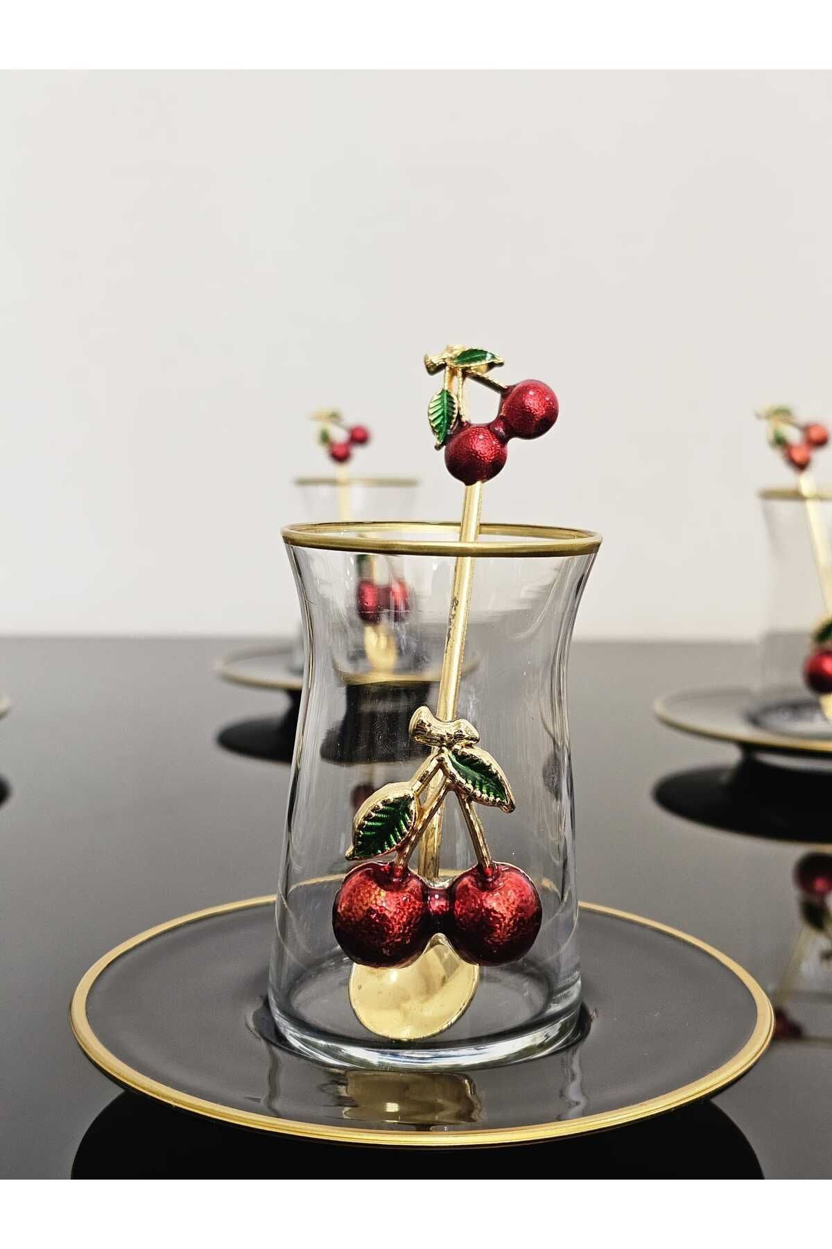 Dream Glass 12 Parça Kirazlı Çay Seti Kiraz Çay Kaşıklı Vera Çay Bardak Lüx Set Gold