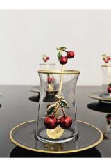 Dream Glass 12 Parça Kirazlı Çay Seti Kiraz Çay Kaşıklı Vera Çay Bardak Lüx Set Gold