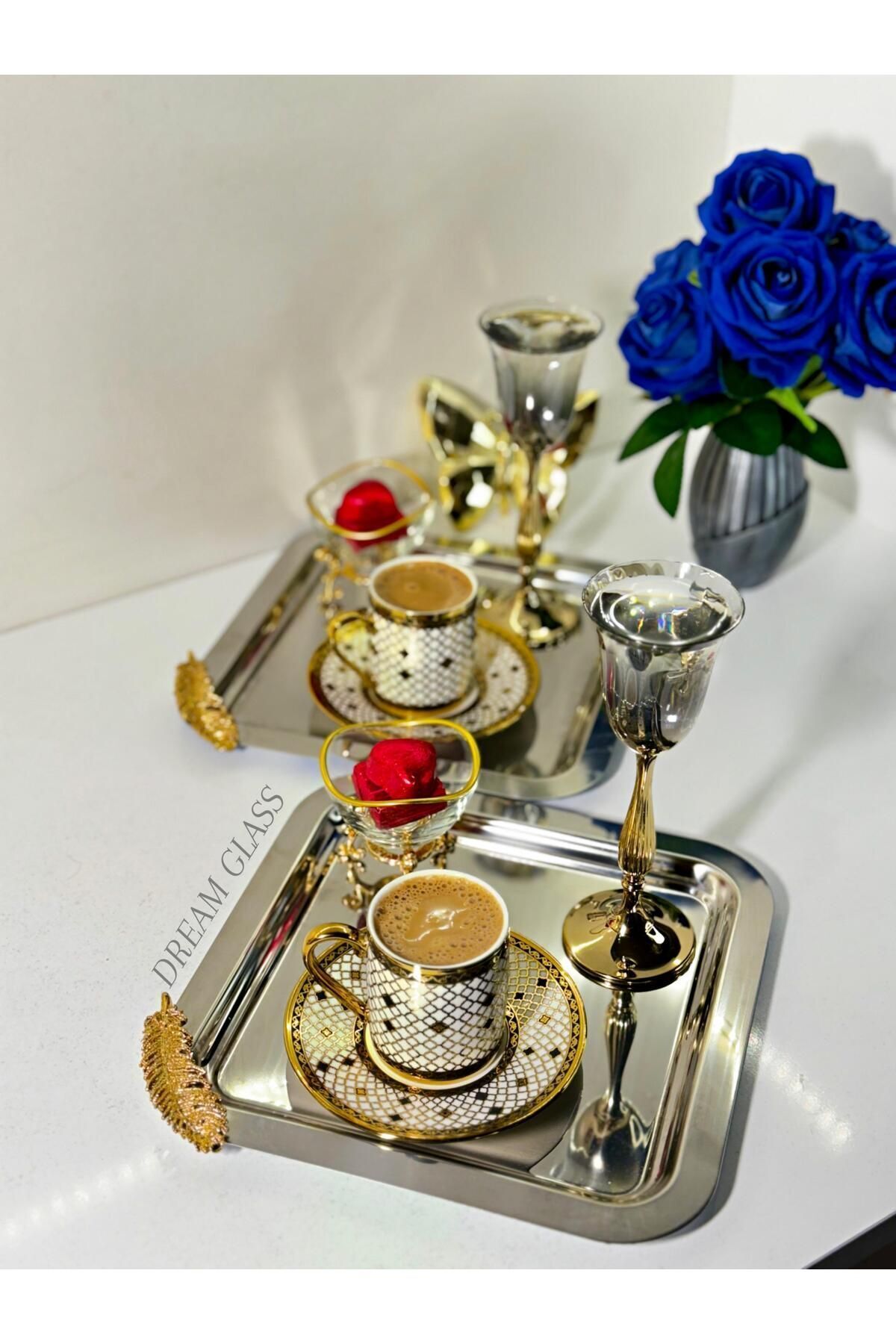 6'lı kare Gold tüy detaylı Çay & Kahve & Sunum Tepsisi Gümüş