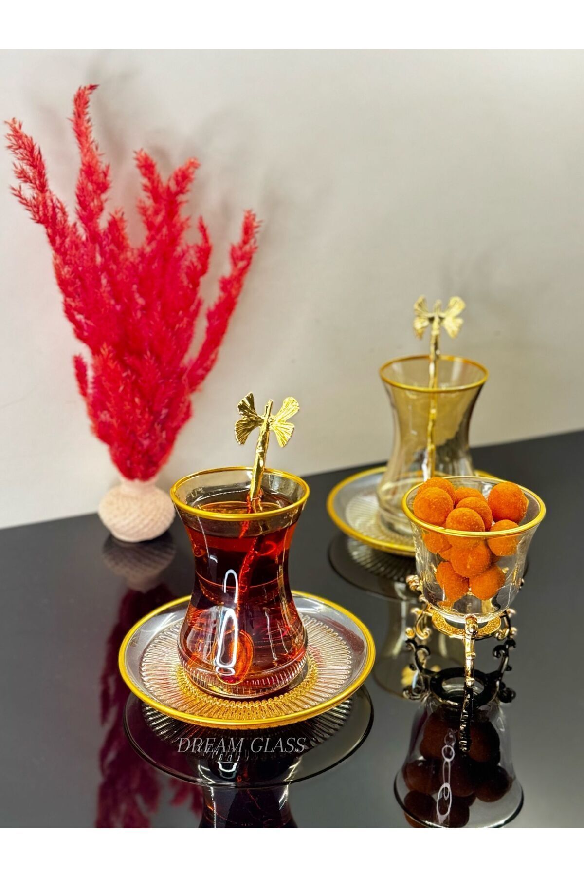 18 Parça 6 Kişilik Kelebek Çay Kaşıklı Gold Detaylı Çay Seti & Çay Bardağı Takımı Bal