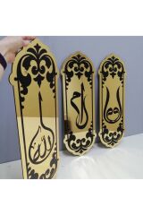Elif Lam Mim Allah 3'lü Dekoratif Gold Pleksi Duvar Tablo Seti