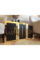 Mdf Üzeri 3 Lü Aynalı Pleksi Allah Muhammed Elif Tablo/tablo Seti Siyah-gold Siyah