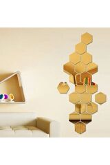 Bal Peteği Gold Dekoratif Altıgen 12x Süs Akrilik Ayna 13x13 Cm Antre Duvar Pleksi Yapışkan Bantlı Gold