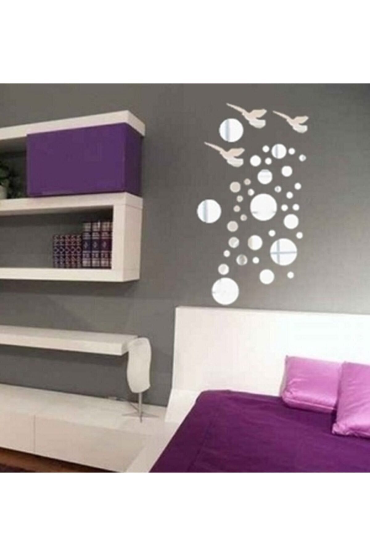 Kuşlar Ve Daire Pleksi Ayna (kendinden Yapışlanlı) Gümüş