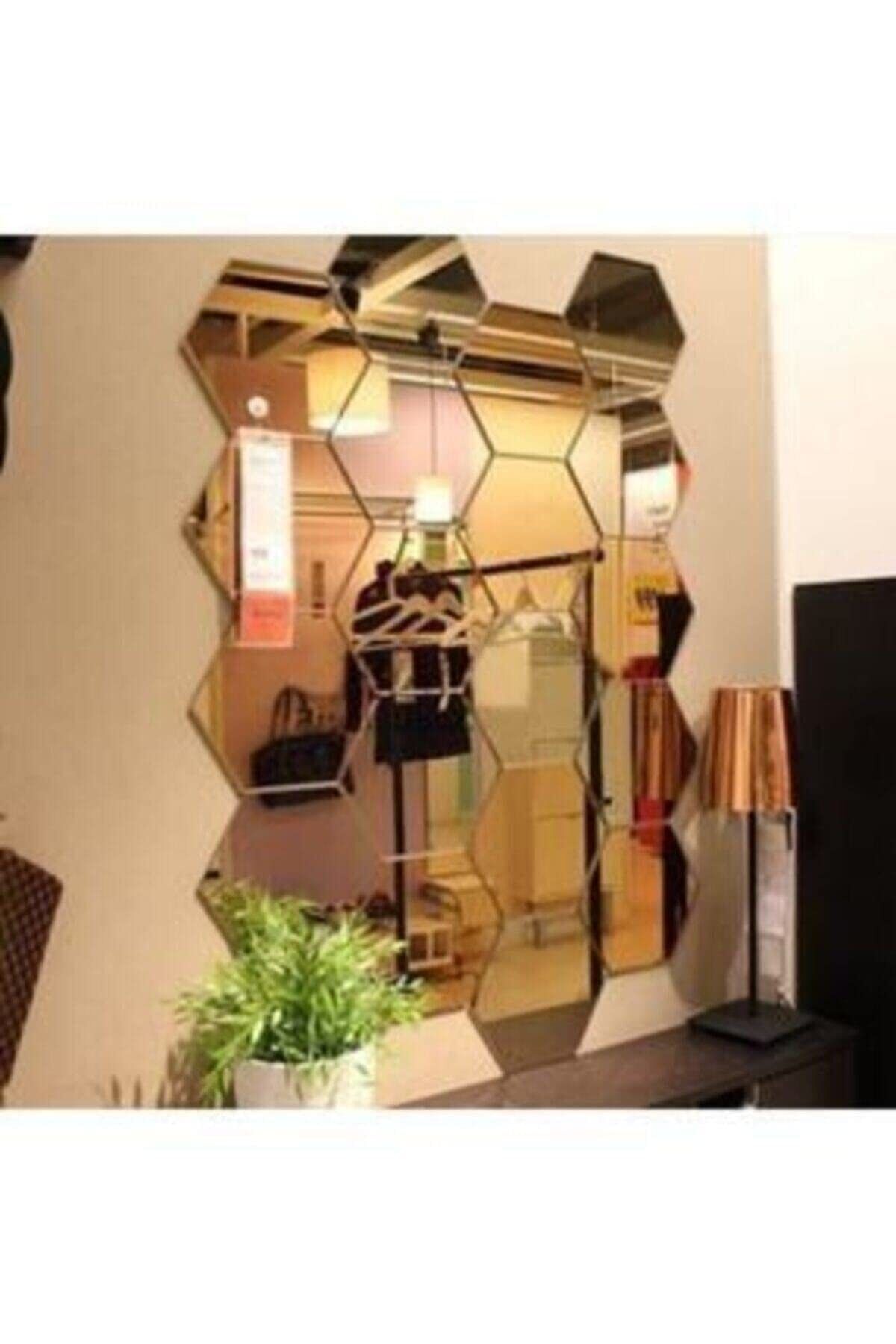 Peteği Gold Dekoratif Altıgen 12x Süs Akrilik Ayna 11x12,5cm Antre Duvar Pleksi Yapışkan Bantlı