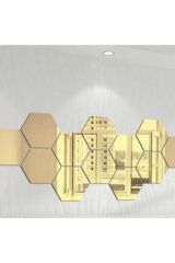 Peteği Gold Dekoratif Altıgen 12x Süs Akrilik Ayna 11x12,5cm Antre Duvar Pleksi Yapışkan Bantlı