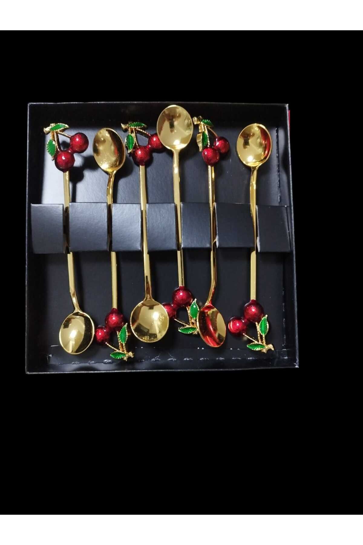 6'lı kaşık seti , Kirazlı çay kaşığı , dekoratif kaşıklar Gold