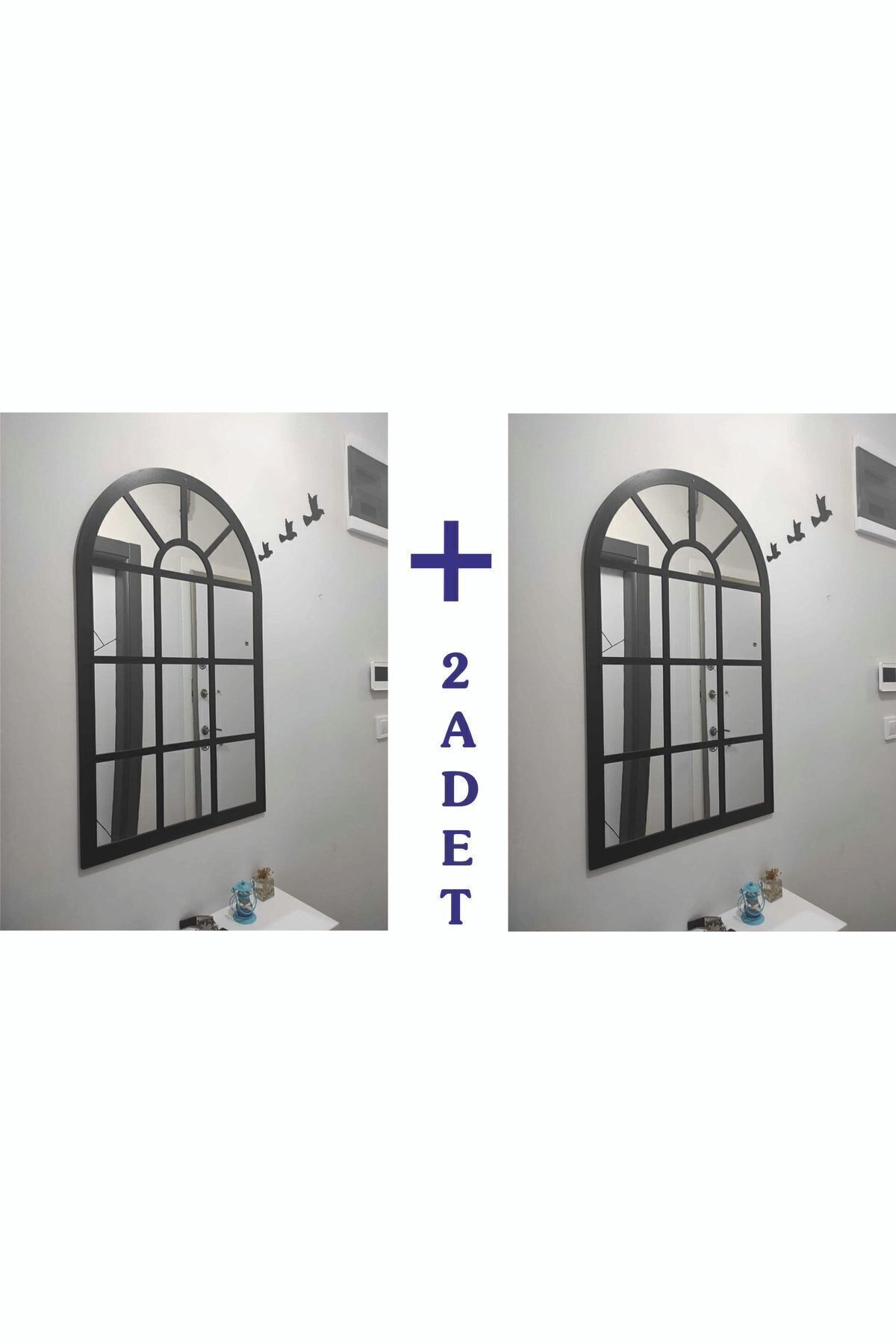2 Adet Dekoratif Pencere Ayna Boyalı Hazır Pleksi Aynalı 40x60 cm Altı Adet Kuş Hediyeli Hint Si̇yah/Gümüş