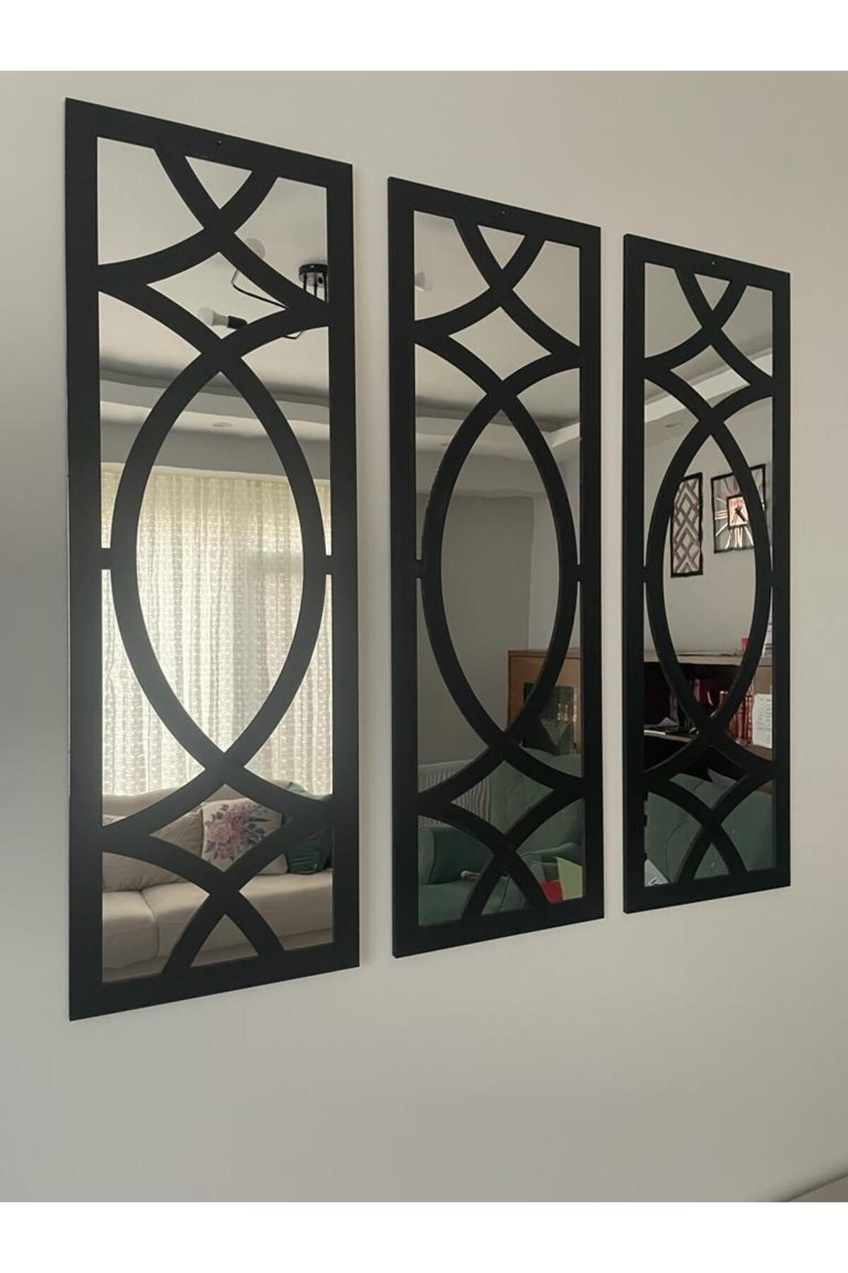 Dekoratif Geometrik Desenli Ayna Boyalı Hazır Pleksi Aynalı 3 Adet 26,5x80 Cm Siyah/Gümüş