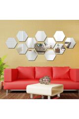3d Duvar Dekorasyon Altıgen Desen Gümüş Ayna Pleksi 12 Adet (11x12cm)
