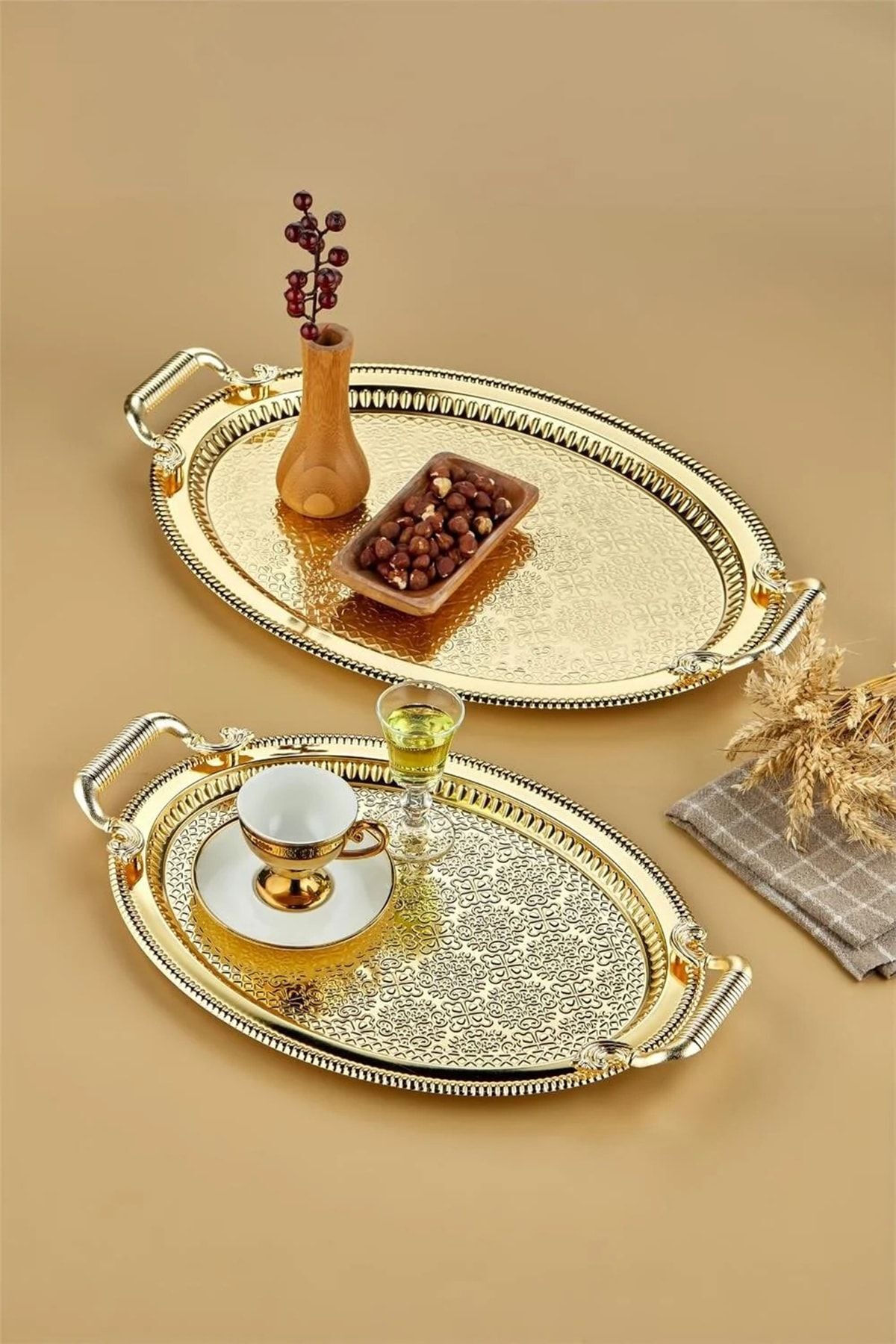 3169 Oval Gold Kahve Çay Sunumluk Tepsi Takımı - Paslanmaz Çelik 2 li Dekoratif Tepsi Seti Gümüş