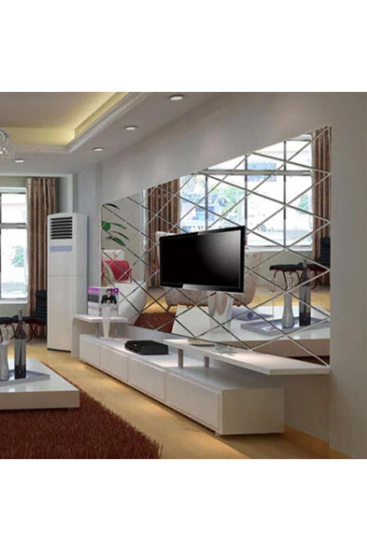 Dekoratif Duvar Dekorasyon Geometrik Üçgen Desen Gümüş Ayna Pleksi 31 Parça (50cmx100cm) Gümüş