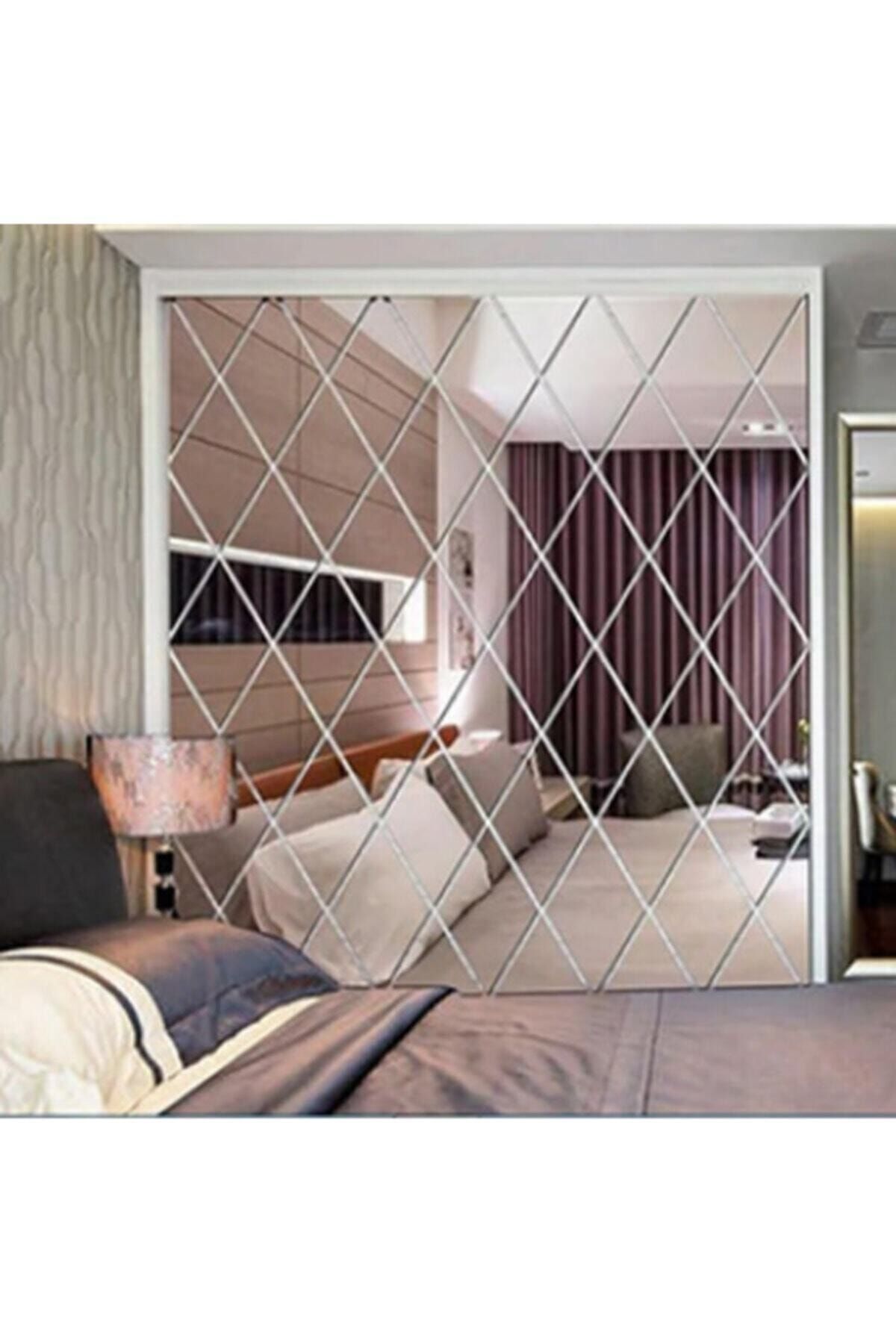 Dekoratif Duvar Dekorasyon Geometrik Üçgen Desen Gümüş Ayna Pleksi 31 Parça (50cmx100cm) Gümüş