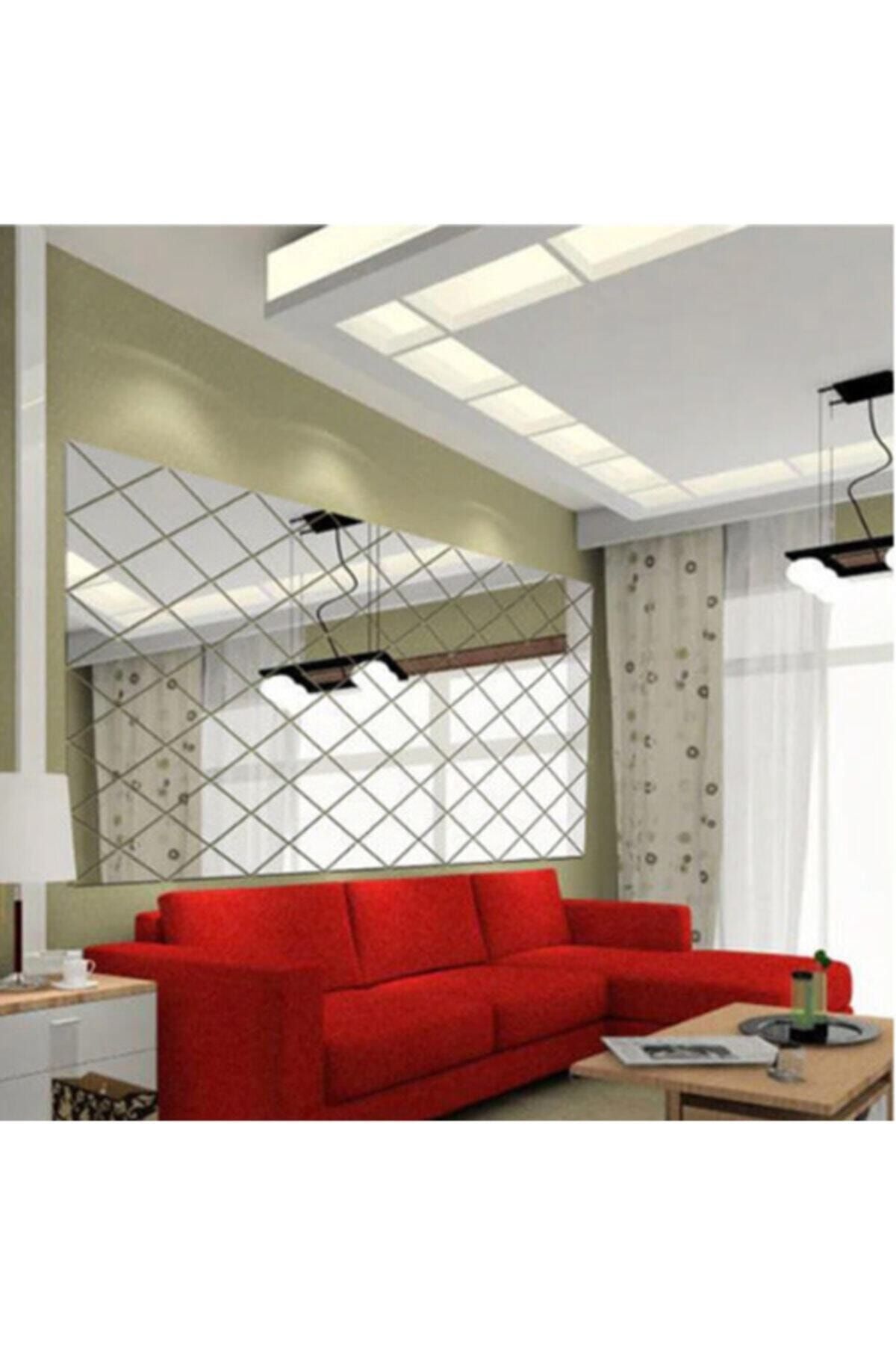 Dekoratif Duvar Dekorasyon Geometrik Üçgen Desen Gümüş Ayna Pleksi 17 Parça (50cmx50cm) Gümüş
