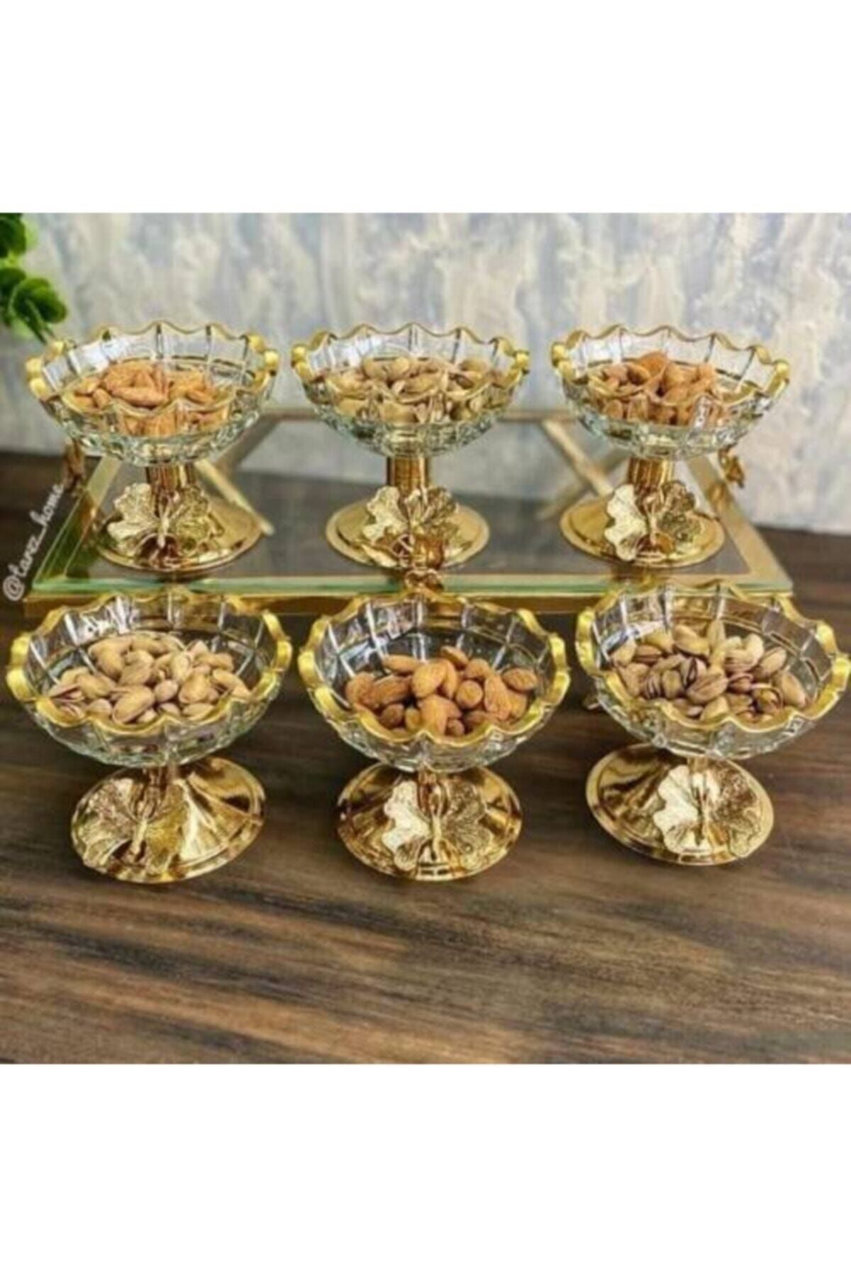 Yeni Model 6'lı Metal Pirinç Ayaklı Kelebek Detaylı Çerezlik Sunumluk Gold