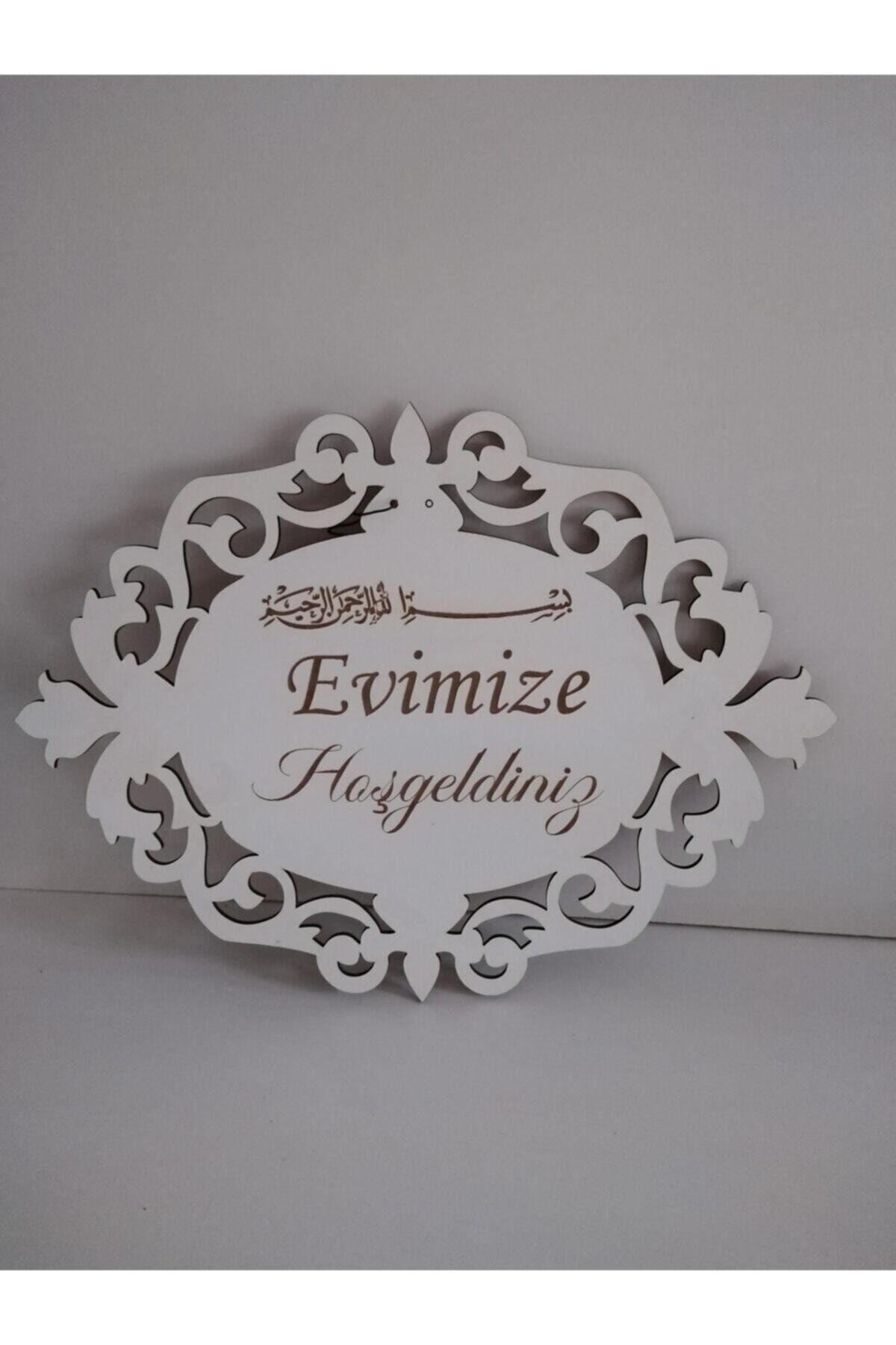 Beyaz Evimize Hoşgeldiniz Dekoratif Ahşap Kapı Süsü Beyaz
