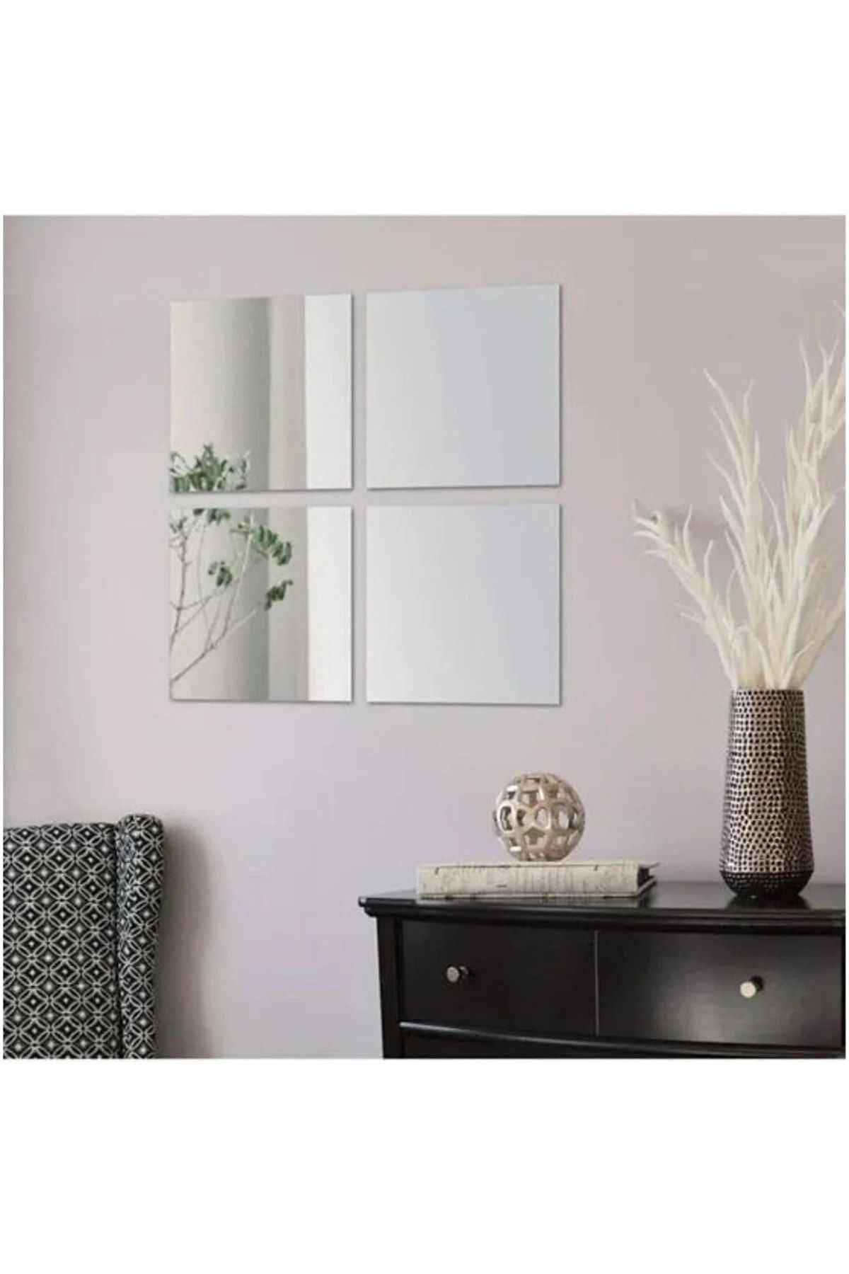 Dekoratif Kare Gümüş Pleksi 4 Adet 20x20cm ( Kendinden Yapışkanlı ) Gümüş
