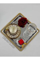 2 ADET Kahve & Çay & Sunum Tepsisi Gümüş Tepsi Döküm Gold Çerçeveli