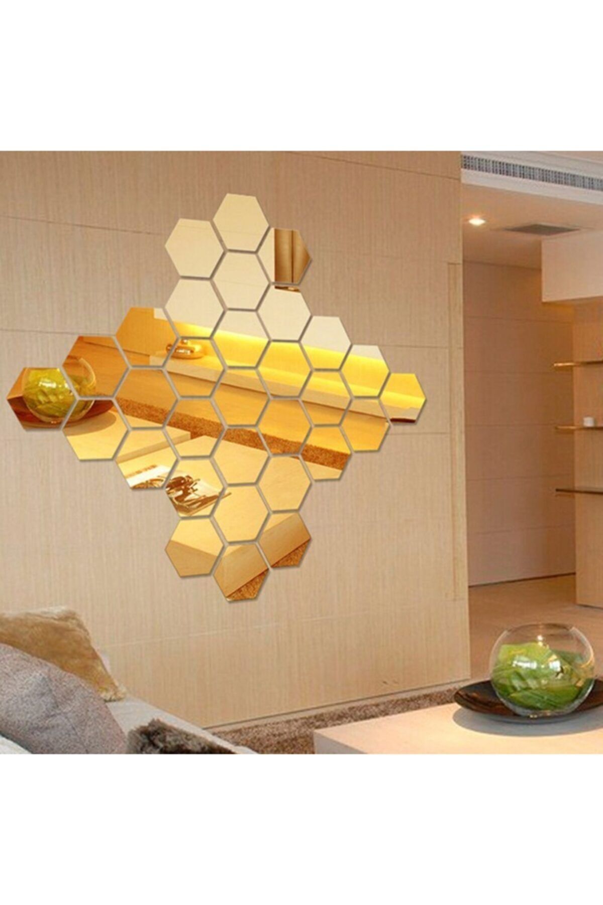 3d Duvar Dekorasyon Altıgen Desen Altın Ayna Pleksi 24 Adet (4x5cm) Altın
