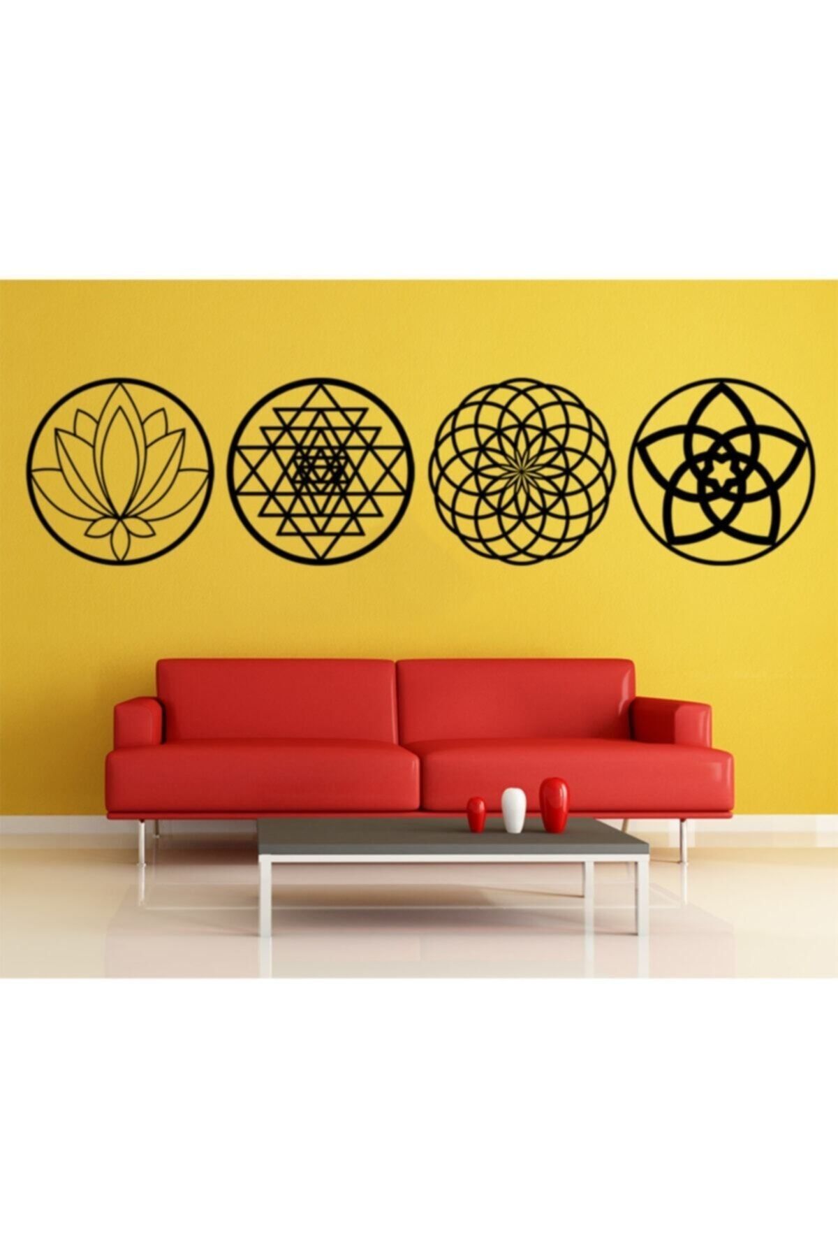 Yaşam Çiçeği Lotus Sri Yantra ve Torus 4'lü Set Duvar Tablosu Siyah