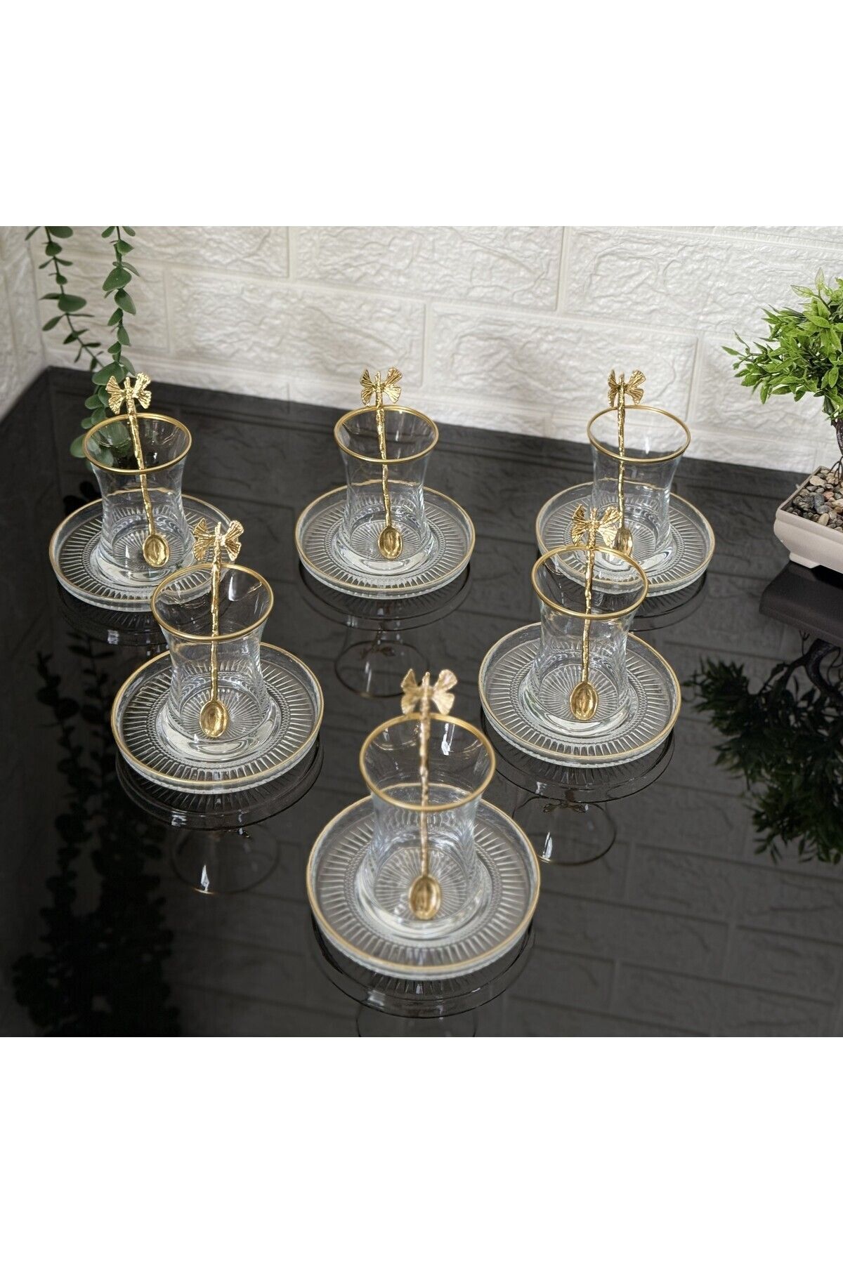 Çay Set 18 Parça 6 Kişilik Japon Gülü Çay Kaşıklı Lav Gold