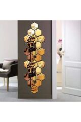 Tasarım Bal Peteği Gümüş Dekoratif Altıgen 12x Süs Akrilik Ayna 11x12.5 cm Pleksi Yapışkan Gold
