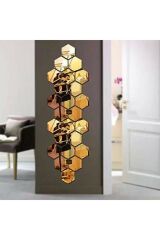 Bal Peteği Ev Ve Ofis Dekorasyon Gold Dekoratif Altıgen Duvar Süsü Akrilik Ayna 18cmx19 Cm 12 Adet