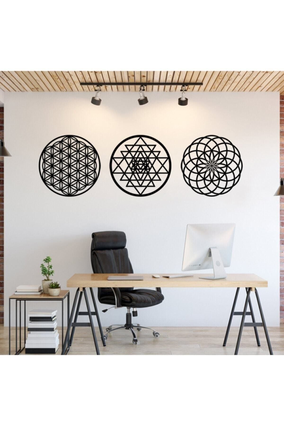 Yaşam Çiçeği Sri Yantra Ve Torus 3'lü Set Duvar Tablosu Siyah
