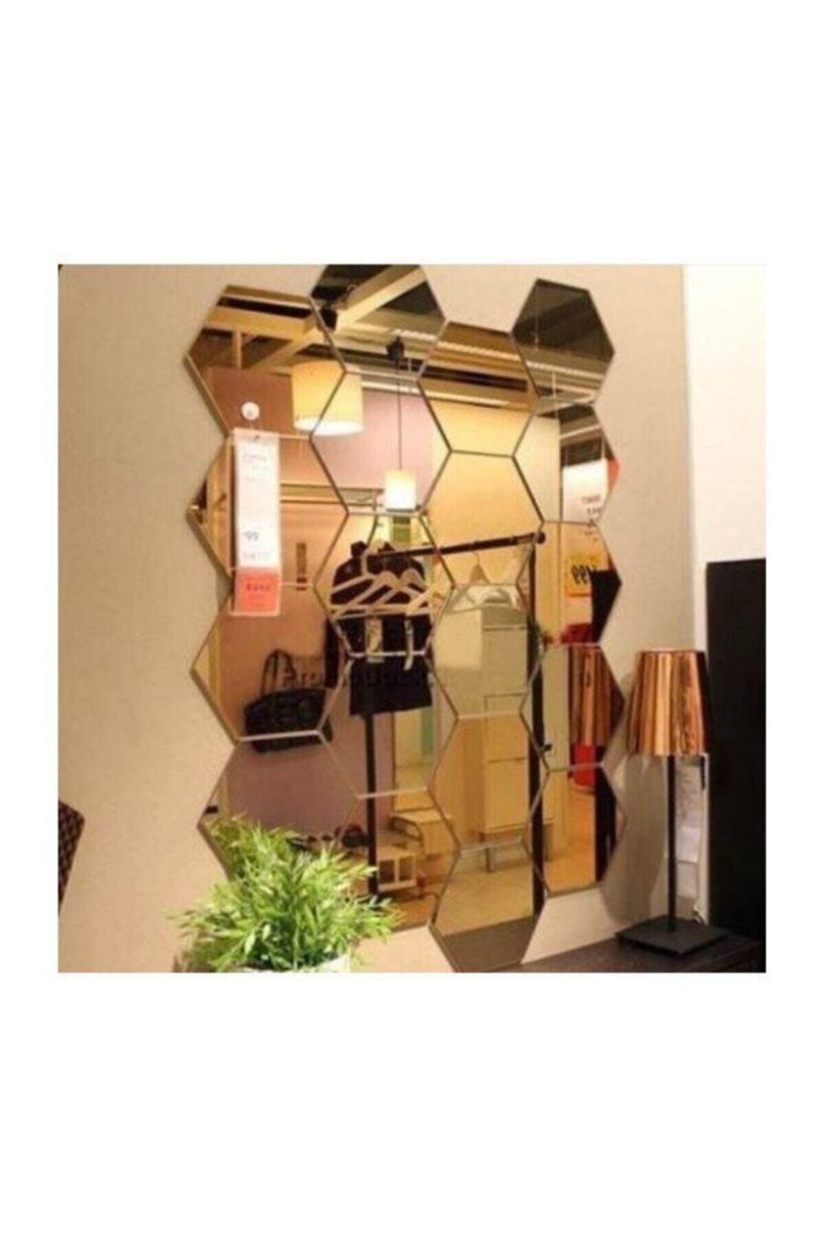 Bal Peteği Dekoratif Altıgen Ayna 12 Adet 12x10cm (kendinden Yapışkanlı) Gold Gümüş