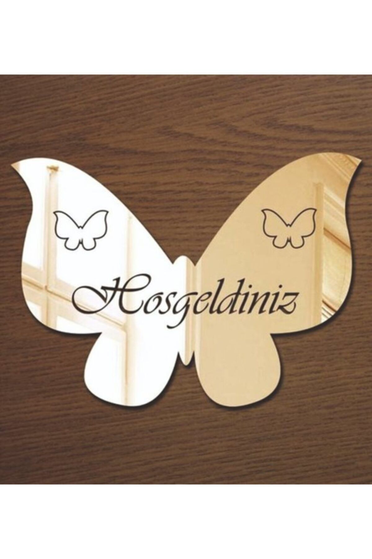 Kelebek Hoşgeldiniz Pleksi Dekoratif Kapı Süsü Altın Ayna 30 X 20 Cm