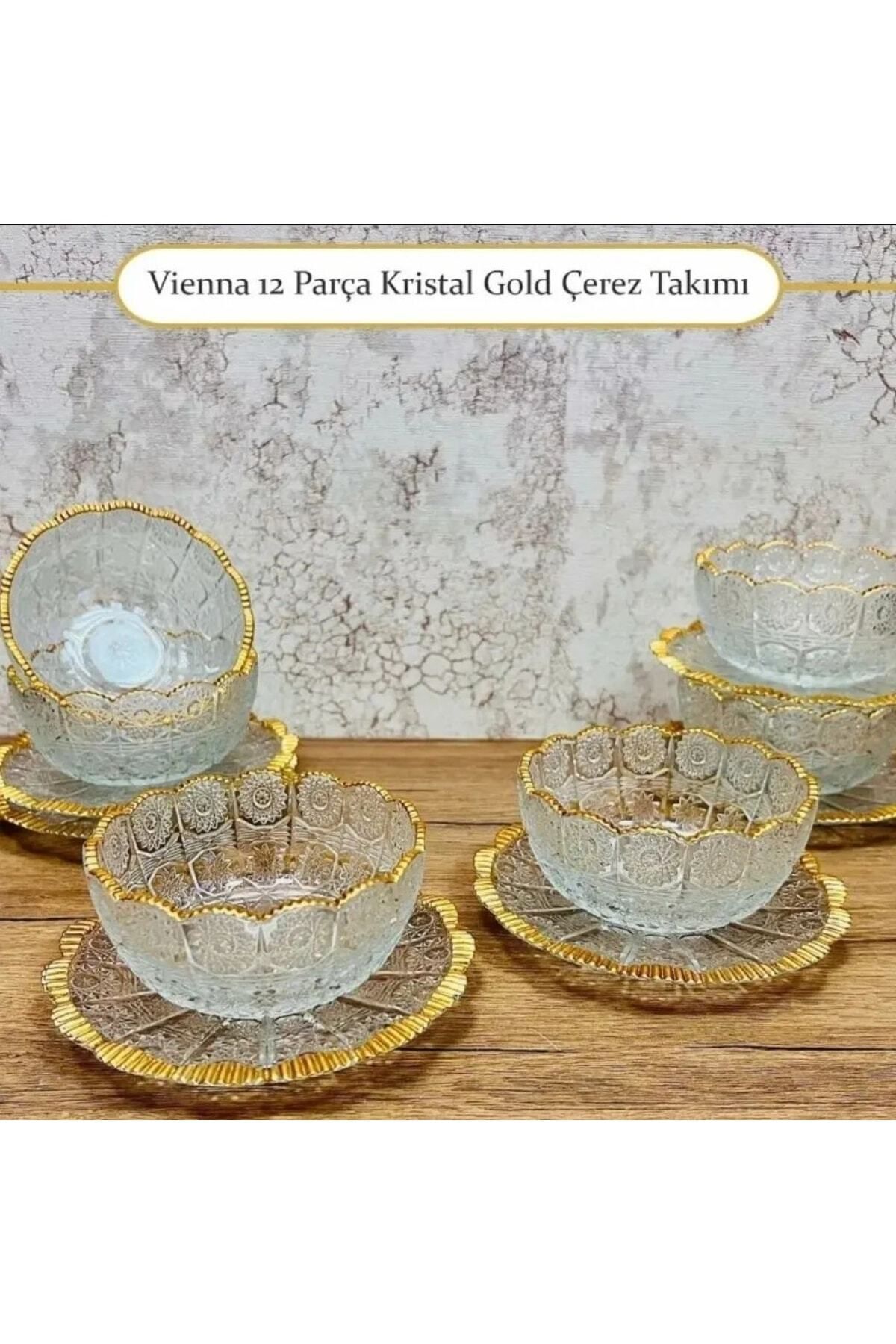 Vienna 12 Parça Kristal Gold Çerez Takımı Çeyizlik Hediyelik Sunumluk Çikolatalık Gold