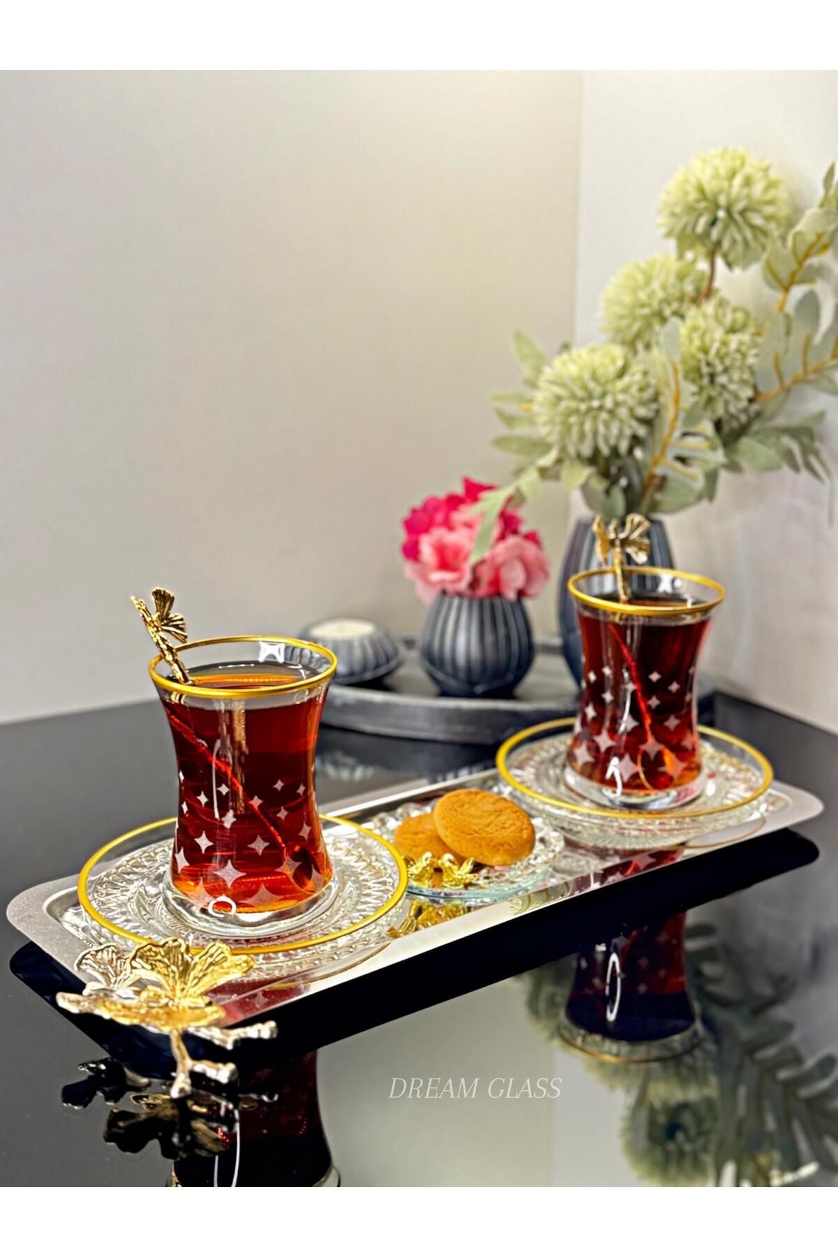 18 PARÇA 6 KİŞİLİK YALDIZLI ÇAY SETİ Gold