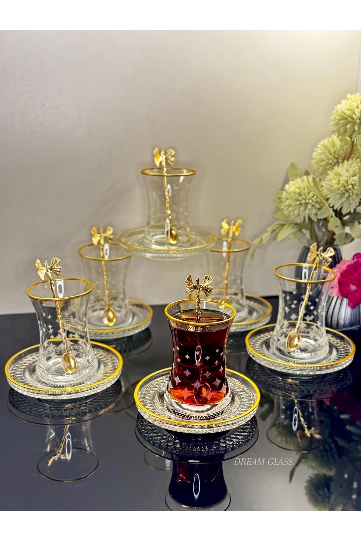 12 PARÇA 6 KİŞİLİK YALDIZLI ÇAY TAKIMI Gold