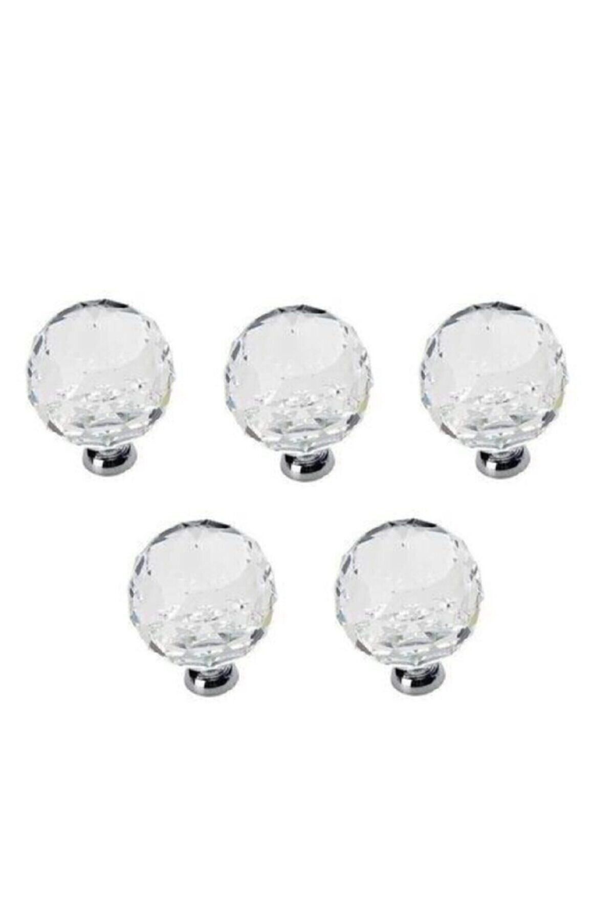 5 Adet Kristal Düğme 30 Mm Krom- Şeffaf Kristal Kulp - Mobilya Kulpları - Tek Ebat