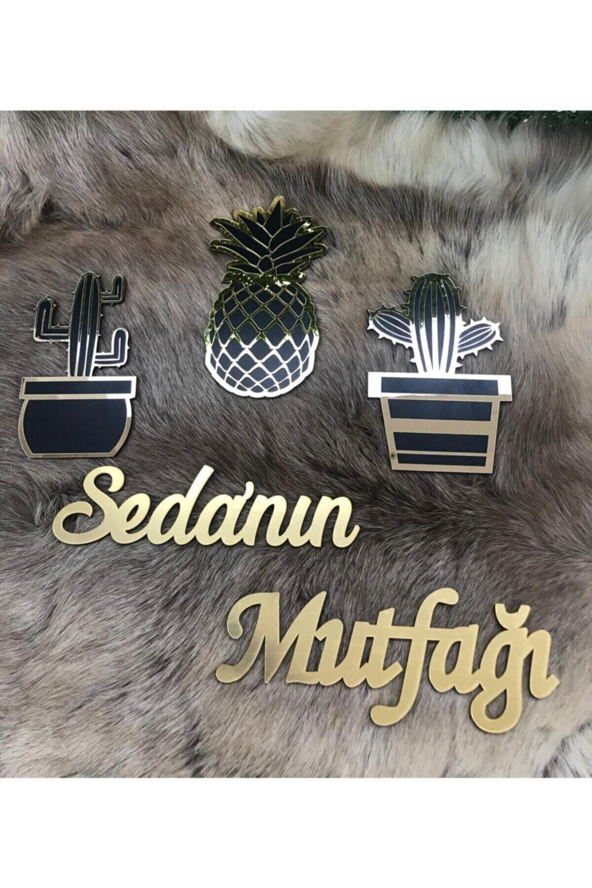 Kaktüs Ve Ananas Temalı Pleksi Mutfak Süsü Gold Pleksi̇