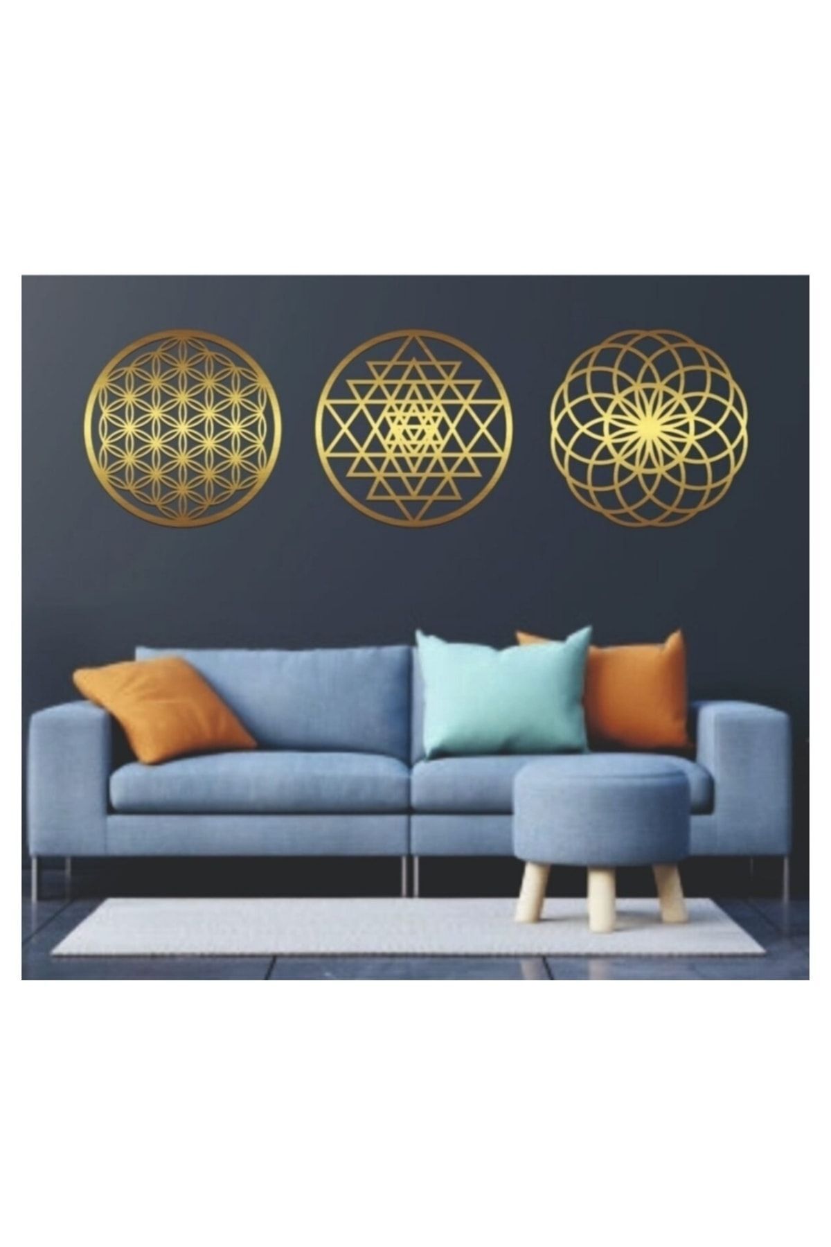 Yaşam Çiçeği, Sri Yantra,torus Ahşap Destekli Gold Aynali Pleksi Üçlü Duvar Seti 40*40cm Gold