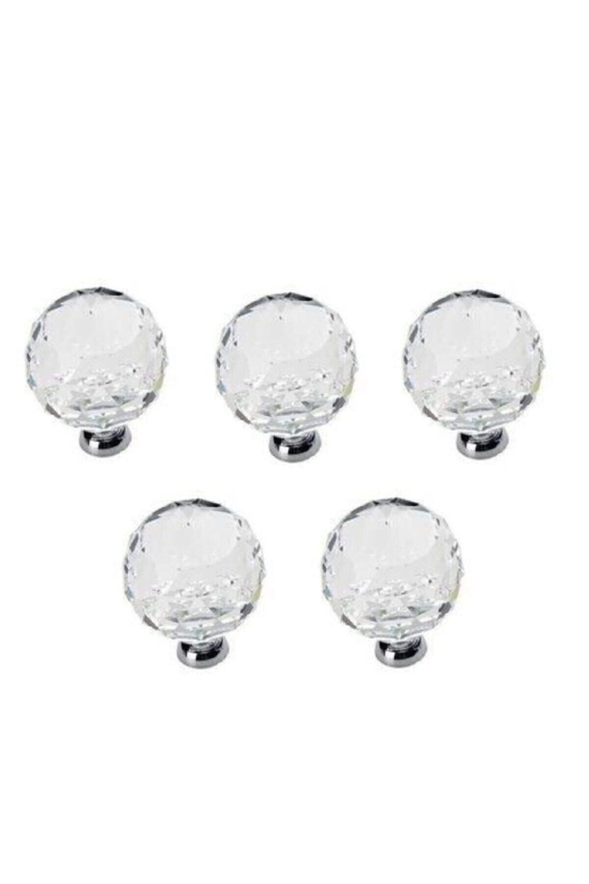 5 Adet Kristal Düğme 30 Mm Krom- Şeffaf Kristal Kulp Kristal