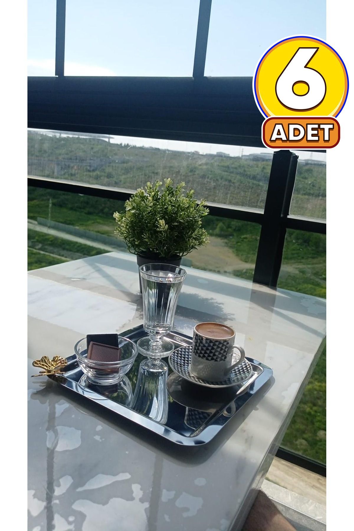 Lüx Sarı Kelebek Aksesuarlı Paslanmaz Çelik 6’lı Gümüş Kahve, Çay, Dekoratif Sunum Servis Tepsisi Gümüş